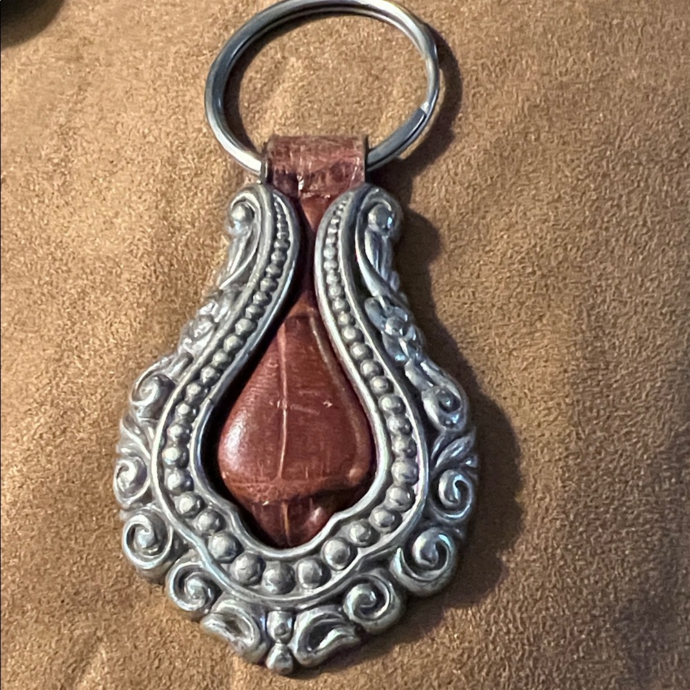 Brighton Brown Leather Key Fob with Ornate Silver-Tone Frame